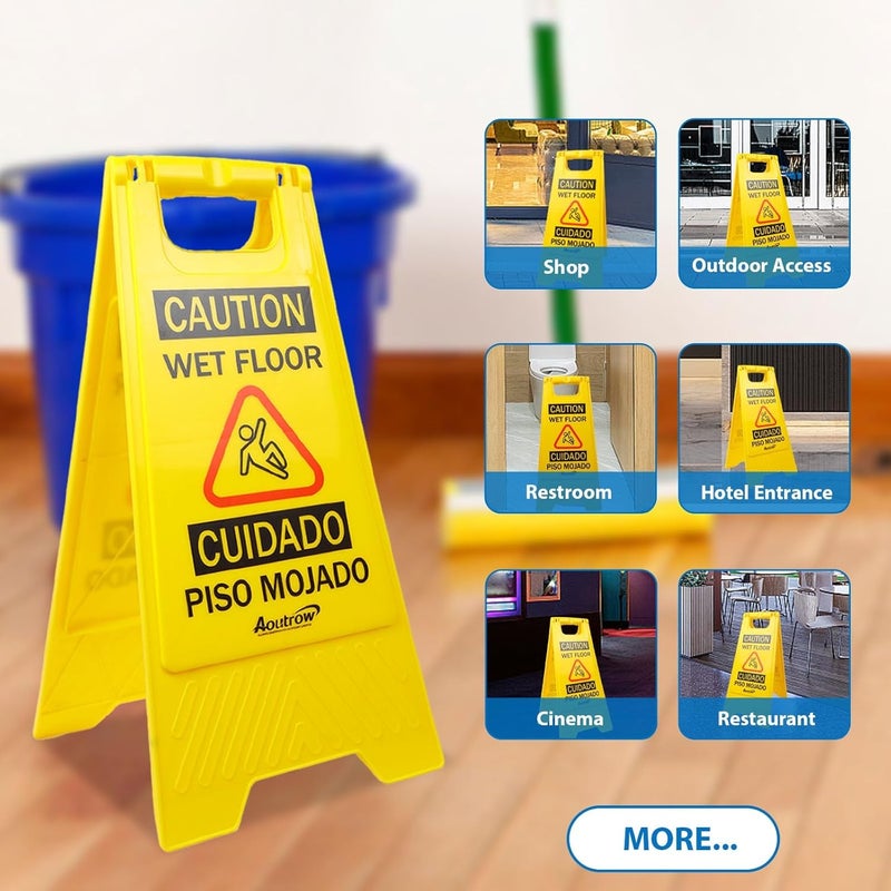 Aoutrow Caution Wet Floor Sign, Bilingual Foldable Safety Sign (17.12in x 8.38in x 0.94in), Yellow (1 Pack) - Image 3